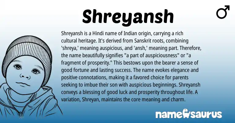 Infographic about Shreyansh name meaning, Shreyansh is a name from Hindi, Indian, Sanskrit origin(s).
