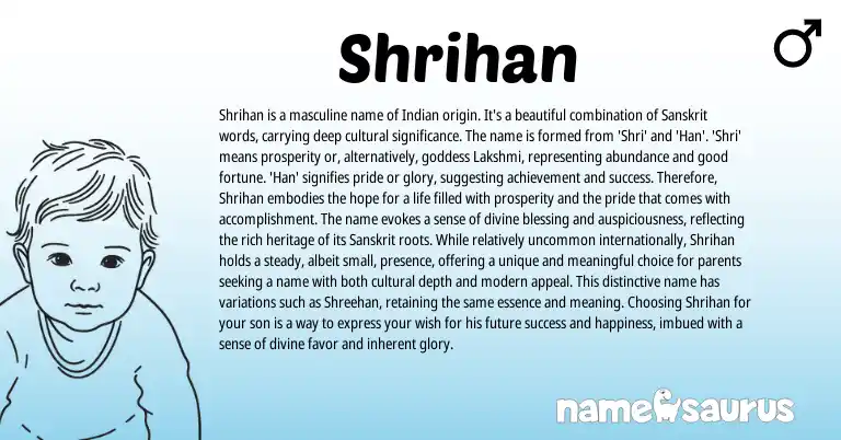 Infographic about Shrihan name meaning, Shrihan is a name from Indian, Persian, Sanskrit origin(s).