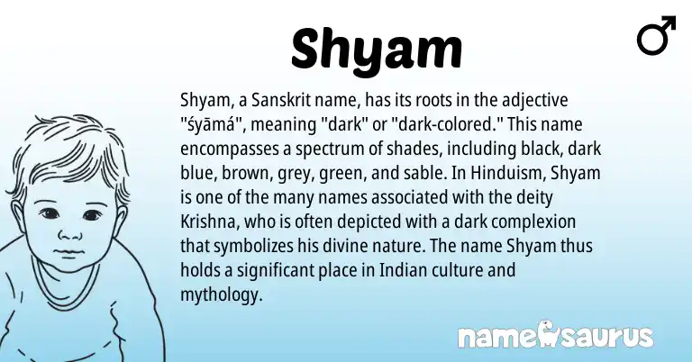 Infographic about Shyam name meaning, Shyam is a name from Hinduism, Sanskrit, Indian origin(s).