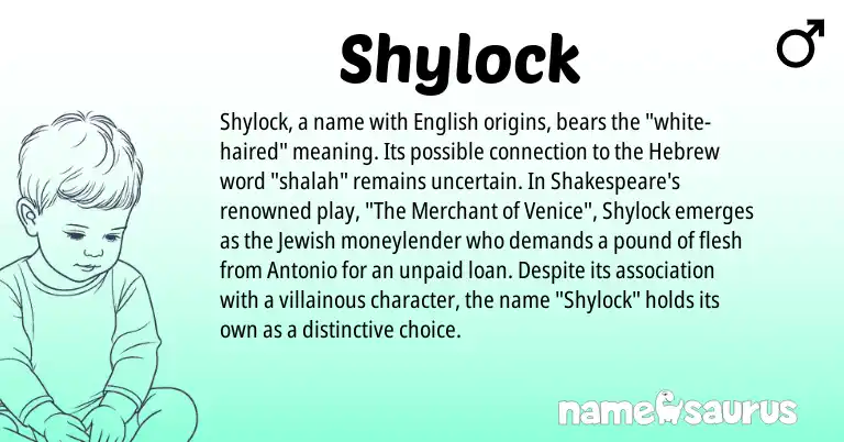 Infographic about Shylock name meaning, Shylock is a name from Jewish, English, Hebrew origin(s).