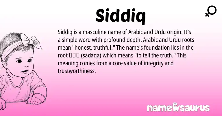 Infographic about Siddiq name meaning, Siddiq is a name from Arabic, Urdu origin(s).