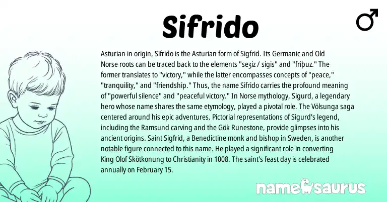 Infographic about Sifrido name meaning, Sifrido is a name from Old Norse, Christianity, Asturian, Germanic, Norse origin(s).