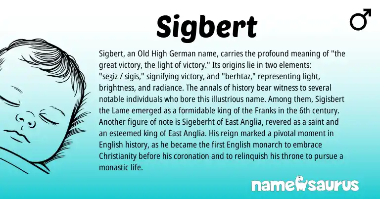 Infographic about Sigbert name meaning, Sigbert is a name from Old High German, English, Christianity origin(s).