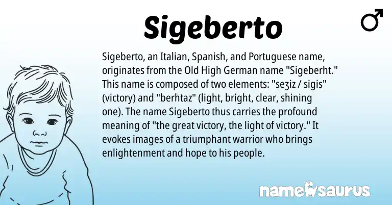 Infographic about Sigeberto name meaning, Sigeberto is a name from Old High German, Spanish, Portuguese, Italian origin(s).