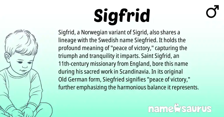 Infographic about Sigfrid name meaning, Sigfrid is a name from Norwegian, Old German, Swedish, England origin(s).