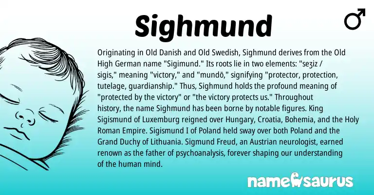 Infographic about Sighmund name meaning, Sighmund is a name from Old High German, Old Swedish, Roman, Old Danish origin(s).