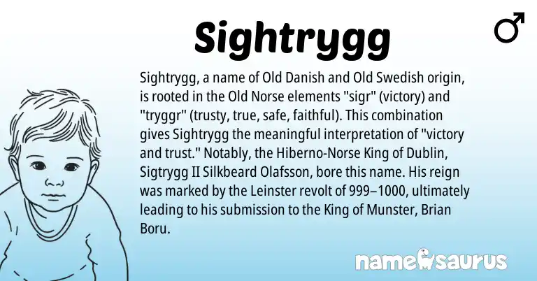 Infographic about Sightrygg name meaning, Sightrygg is a name from Old Norse, Old Swedish, Norse, Old Danish origin(s).