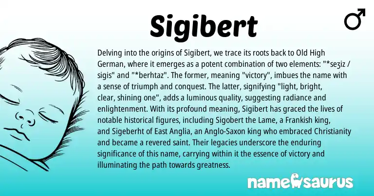 Infographic about Sigibert name meaning, Sigibert is a name from Old High German, Christianity, Frankish, Anglo-Saxon origin(s).