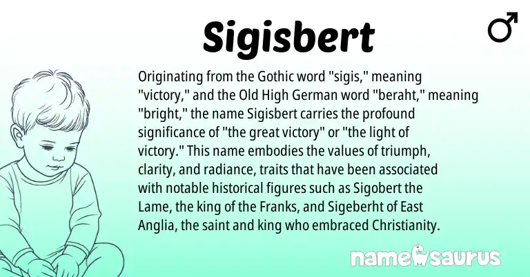 Infographic about Sigisbert name meaning, Sigisbert is a name from Old High German, Christianity, Gothic origin(s).