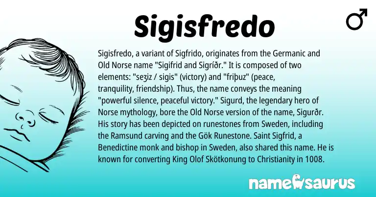 Infographic about Sigisfredo name meaning, Sigisfredo is a name from Old Norse, Christianity, Germanic, Norse origin(s).