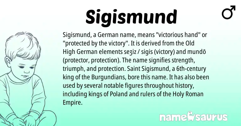 Infographic about Sigismund name meaning, Sigismund is a name from Old High German, German, Roman origin(s).