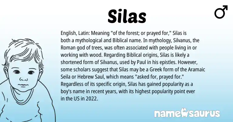 Infographic about Silas name meaning, Silas is a name from English, Aramaic, Roman, Latin, Greek, Hebrew origin(s).