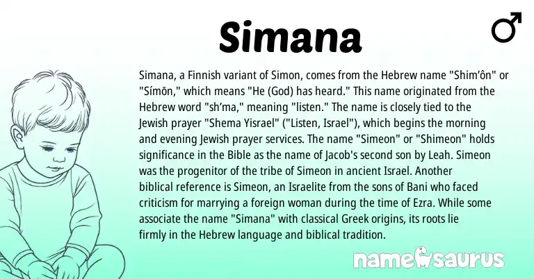 Infographic about Simana name meaning, Simana is a name from Jewish, Finnish, Hebrew, Greek origin(s).