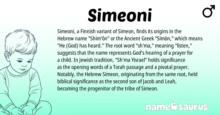 Infographic about Simeoni name meaning, Simeoni is a name from Finnish, Ancient Greek, Torah, Jewish, Hebrew origin(s).