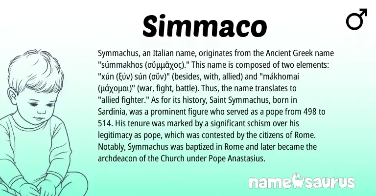 Infographic about Simmaco name meaning, Simmaco is a name from Ancient Greek, Italian origin(s).