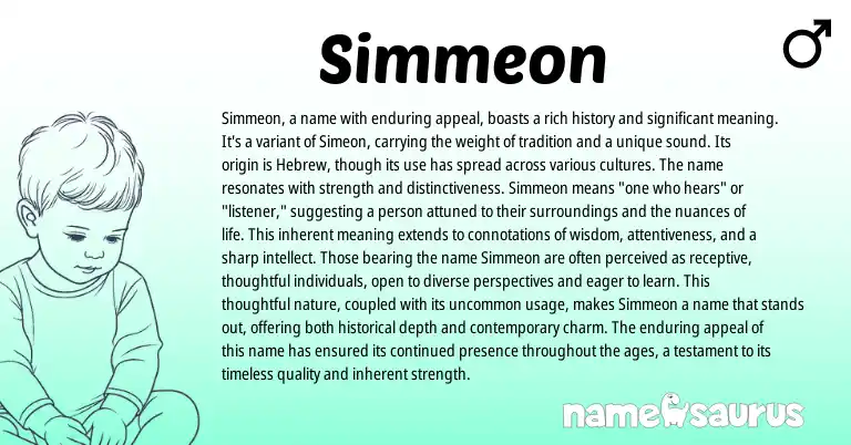 Infographic about Simmeon name meaning, Simmeon is a name from Hebrew origin(s).