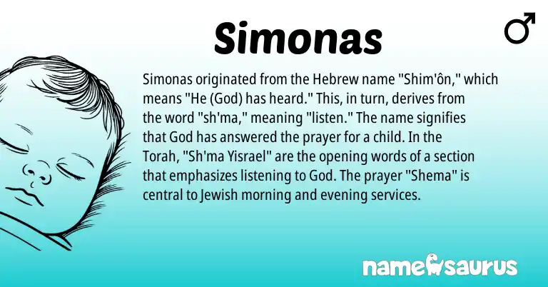 Infographic about Simonas name meaning, Simonas is a name from Jewish, Torah, Hebrew origin(s).