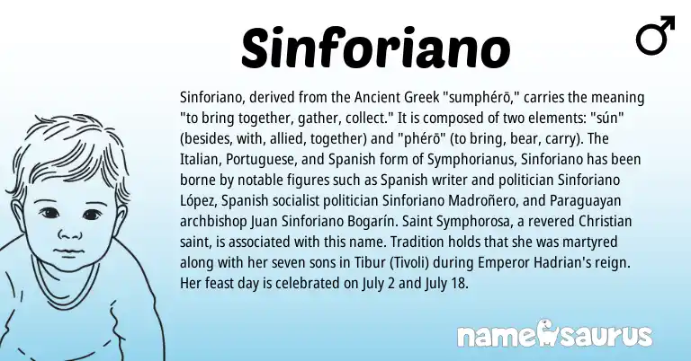 Infographic about Sinforiano name meaning, Sinforiano is a name from Spanish, Portuguese, Italian, Greek origin(s).
