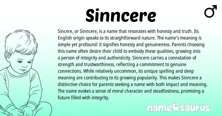 Infographic about Sinncere name meaning, Sinncere is a name from English origin(s).