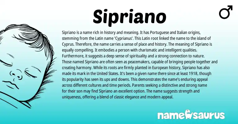 Infographic about Sipriano name meaning, Sipriano is a name from Latin, Portuguese, Spanish, Italian origin(s).