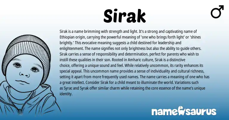 Infographic about Sirak name meaning, Sirak is a name from Marathi, Ethiopian, Hebrew origin(s).