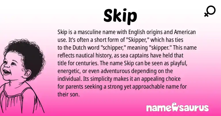 Infographic about Skip name meaning, Skip is a name from English, American, British, Dutch origin(s).