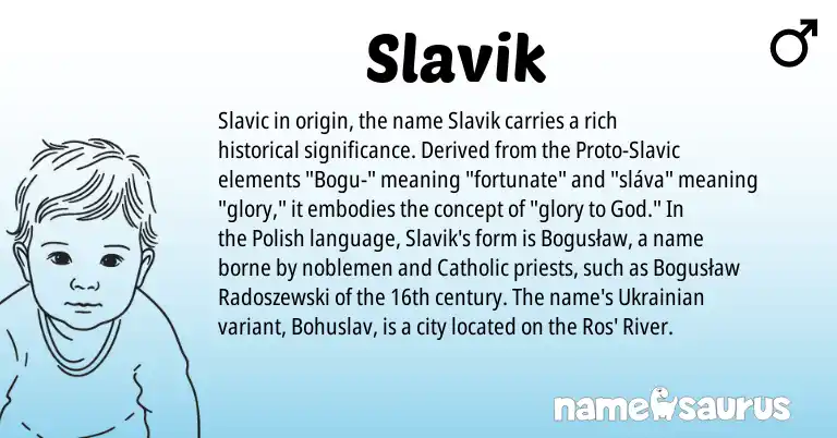 Infographic about Slavik name meaning, Slavik is a name from Ukrainian, Slavic, Polish origin(s).