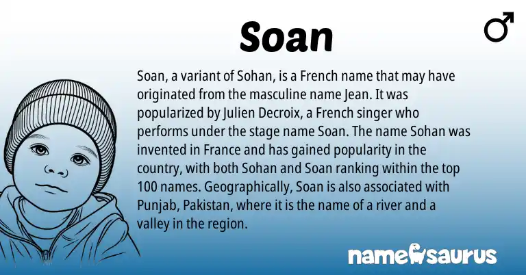 Infographic about Soan name meaning, Soan is a name from French, Pakistan origin(s).