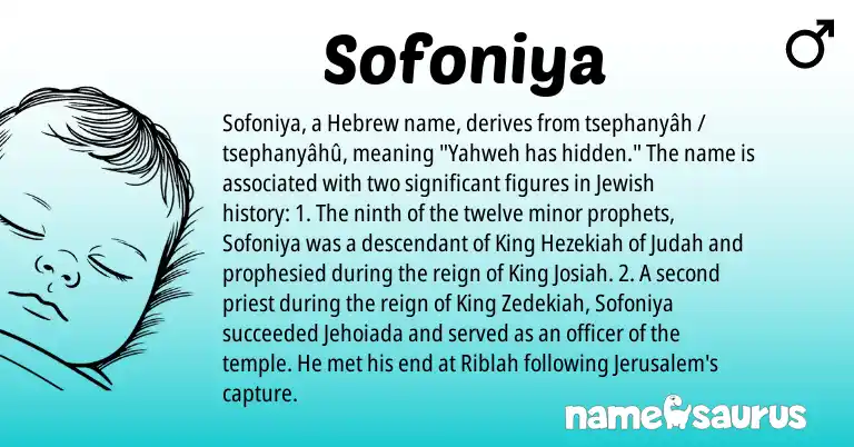 Infographic about Sofoniya name meaning, Sofoniya is a name from Jewish, Hebrew origin(s).
