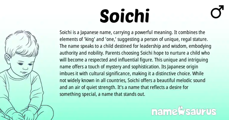 Infographic about Soichi name meaning, Soichi is a name from Japanese origin(s).