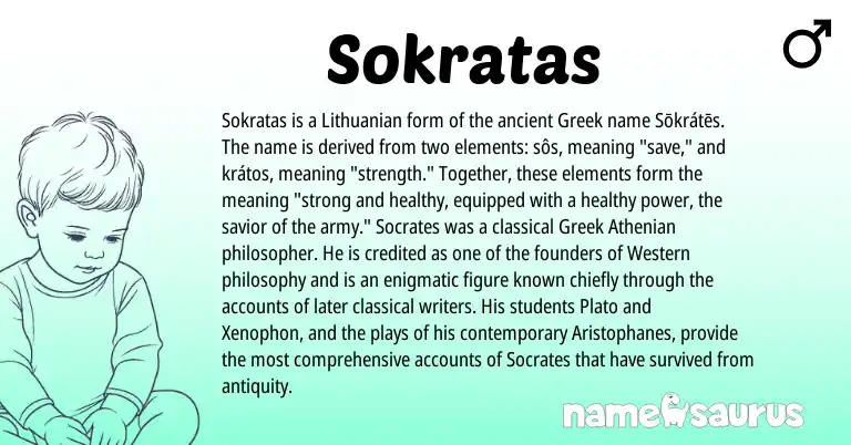 Infographic about Sokratas name meaning, Sokratas is a name from Lithuanian, Greek origin(s).