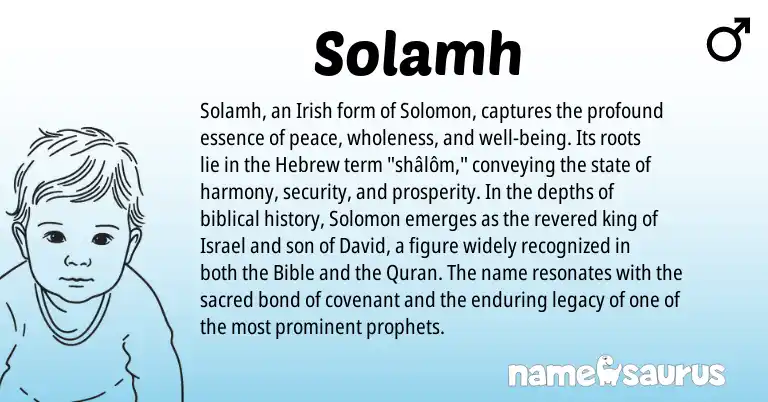 Infographic about Solamh name meaning, Solamh is a name from Irish, Hebrew origin(s).