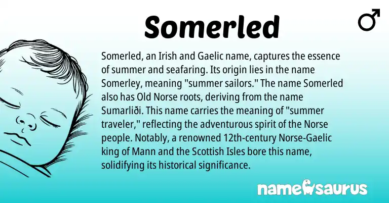 Infographic about Somerled name meaning, Somerled is a name from Irish, Old Norse, Gaelic, Scottish, Norse origin(s).