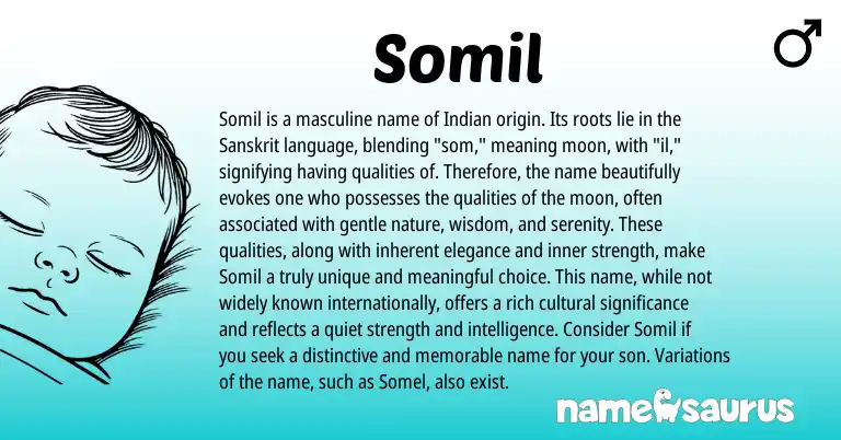 Infographic about Somil name meaning, Somil is a name from Indian, Sanskrit origin(s).