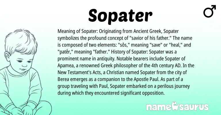 Infographic about Sopater name meaning, Sopater is a name from Ancient Greek, Greek origin(s).