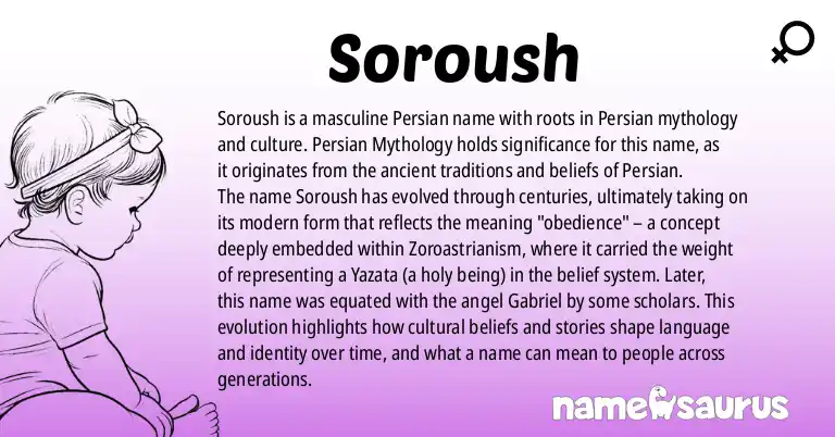 Infographic about Soroush name meaning, Soroush is a name from Persian Mythology, Persian origin(s).