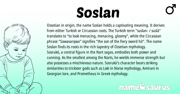 Infographic about Soslan name meaning, Soslan is a name from Ossetian, Georgian, Turkish, Greek, Circassian, Norse origin(s).