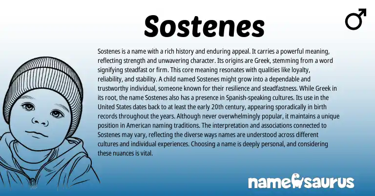 Infographic about Sostenes name meaning, Sostenes is a name from Greek origin(s).