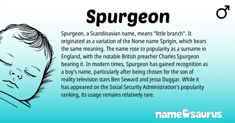 Infographic about Spurgeon name meaning, Spurgeon is a name from Scandinavian, British, England, Norse origin(s).