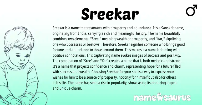Infographic about Sreekar name meaning, Sreekar is a name from Sanskrit origin(s).