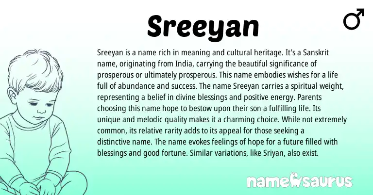 Infographic about Sreeyan name meaning, Sreeyan is a name from Sanskrit origin(s).