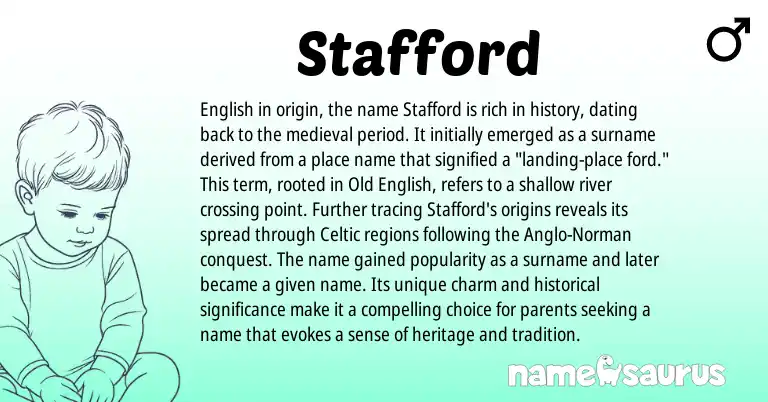 Infographic about Stafford name meaning, Stafford is a name from Old English, English, Anglo-Norman, Celtic origin(s).