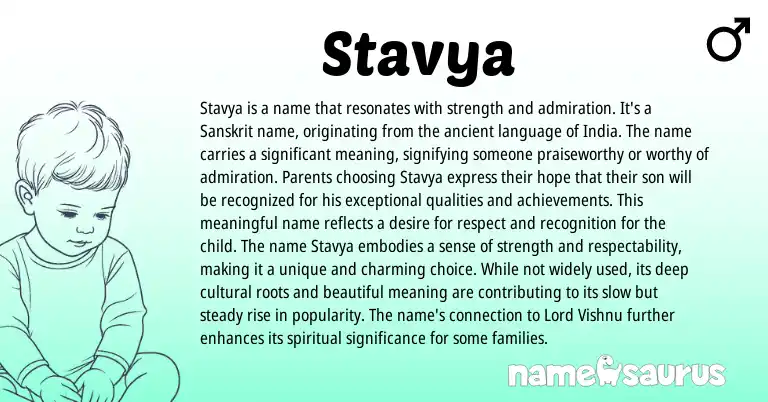 Infographic about Stavya name meaning, Stavya is a name from Hindu, Sanskrit origin(s).