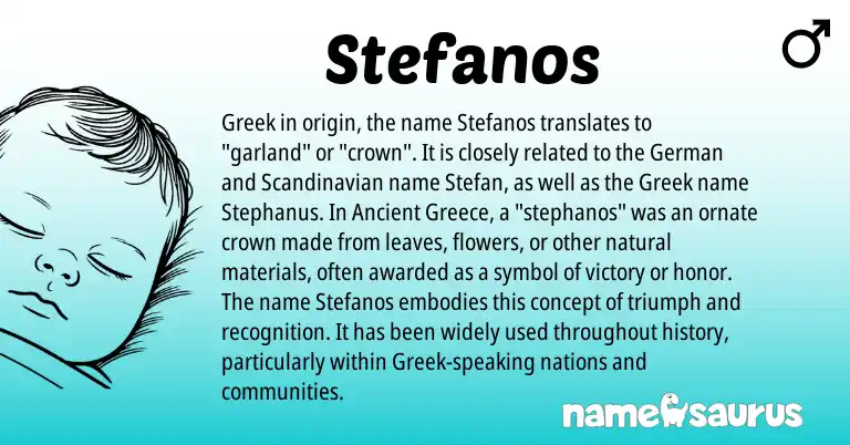 Infographic about Stefanos name meaning, Stefanos is a name from German, Greece, Scandinavian, Greek origin(s).