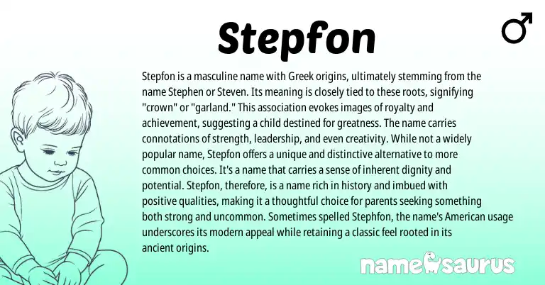 Infographic about Stepfon name meaning, Stepfon is a name from Greek, American origin(s).