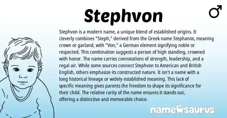 Infographic about Stephvon name meaning, Stephvon is a name from Germanic, Greek, American origin(s).