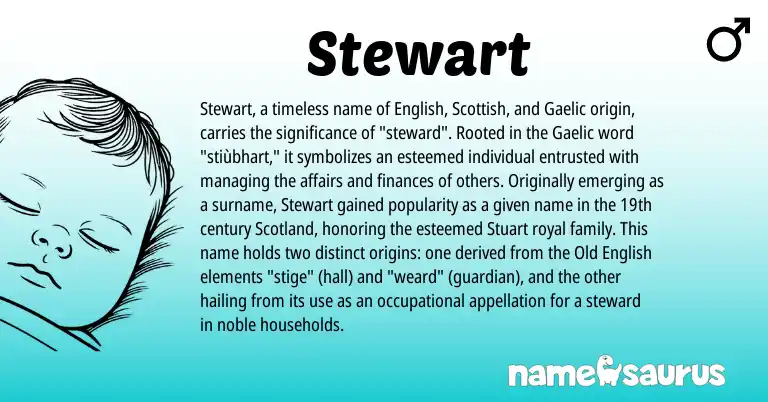 Infographic about Stewart name meaning, Stewart is a name from Gaelic, English, Scottish, Old English origin(s).