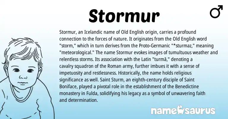 Infographic about Stormur name meaning, Stormur is a name from Icelandic, Roman, Germanic, Latin, Old English origin(s).
