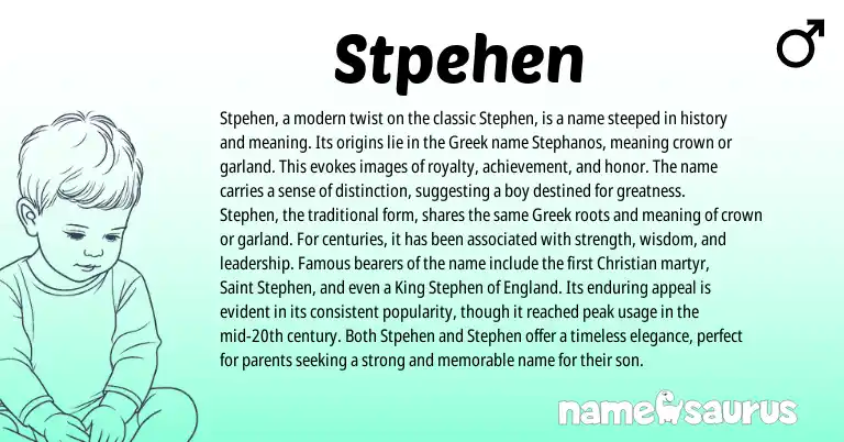 Infographic about Stpehen name meaning, Stpehen is a name from Greek origin(s).