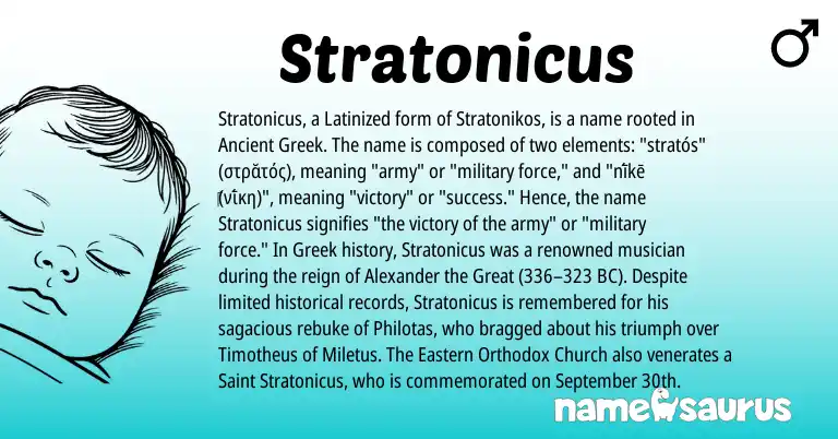 Infographic about Stratonicus name meaning, Stratonicus is a name from Ancient Greek, Greek origin(s).
